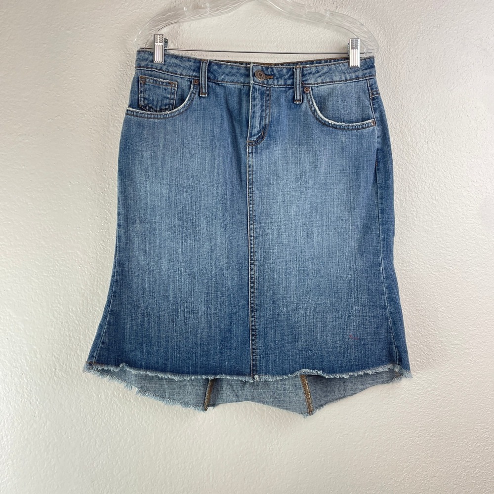 LEI Chelsea Lowrise Denim Skirt Womens 9 Blue Y2K Embroidered Raw High Low Hem